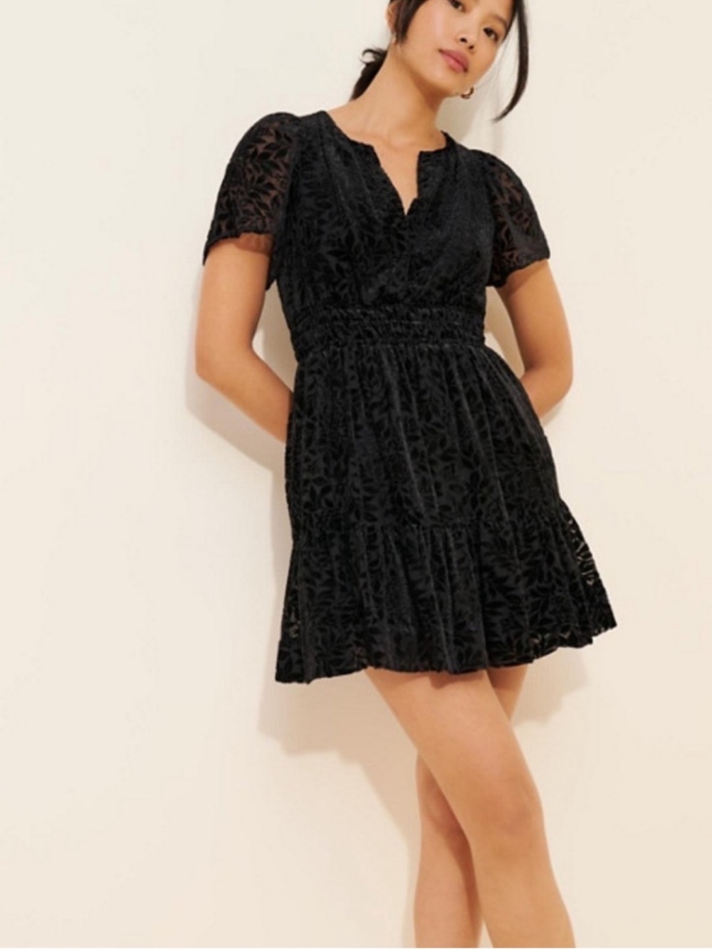 Anthropologie Black Short-Sleeve Lace Mini Dress